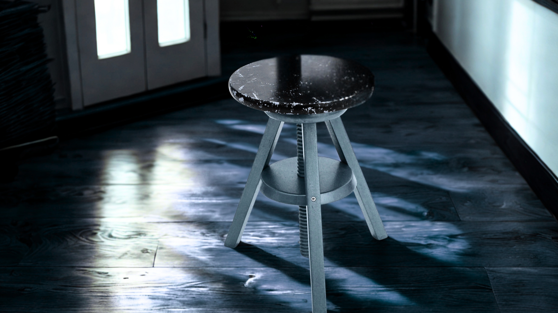 A three-legged stool in a corner, representing the three legs of the decision-as-a-service problem.