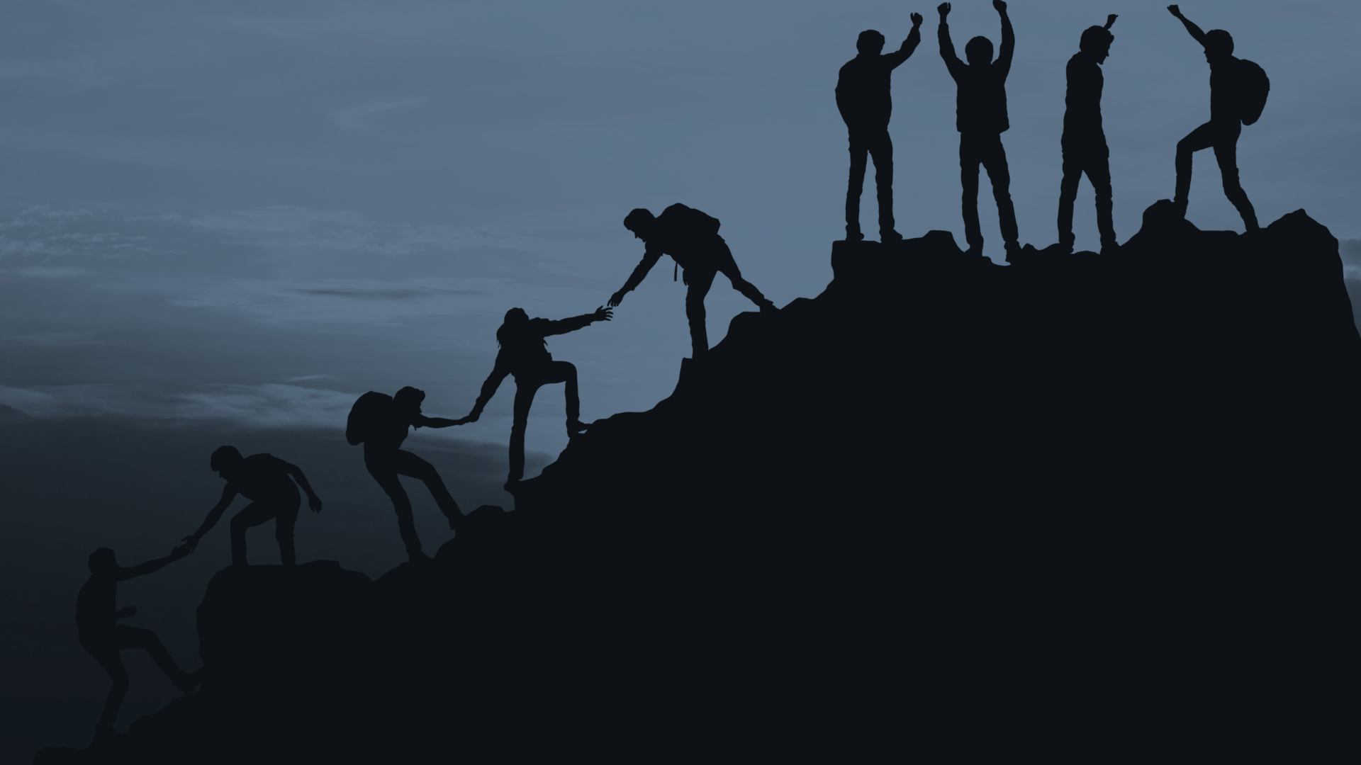 Silhouetted climbers help one another scale a mountain, illustrating how connected teams carry insights through to successful campaign execution.